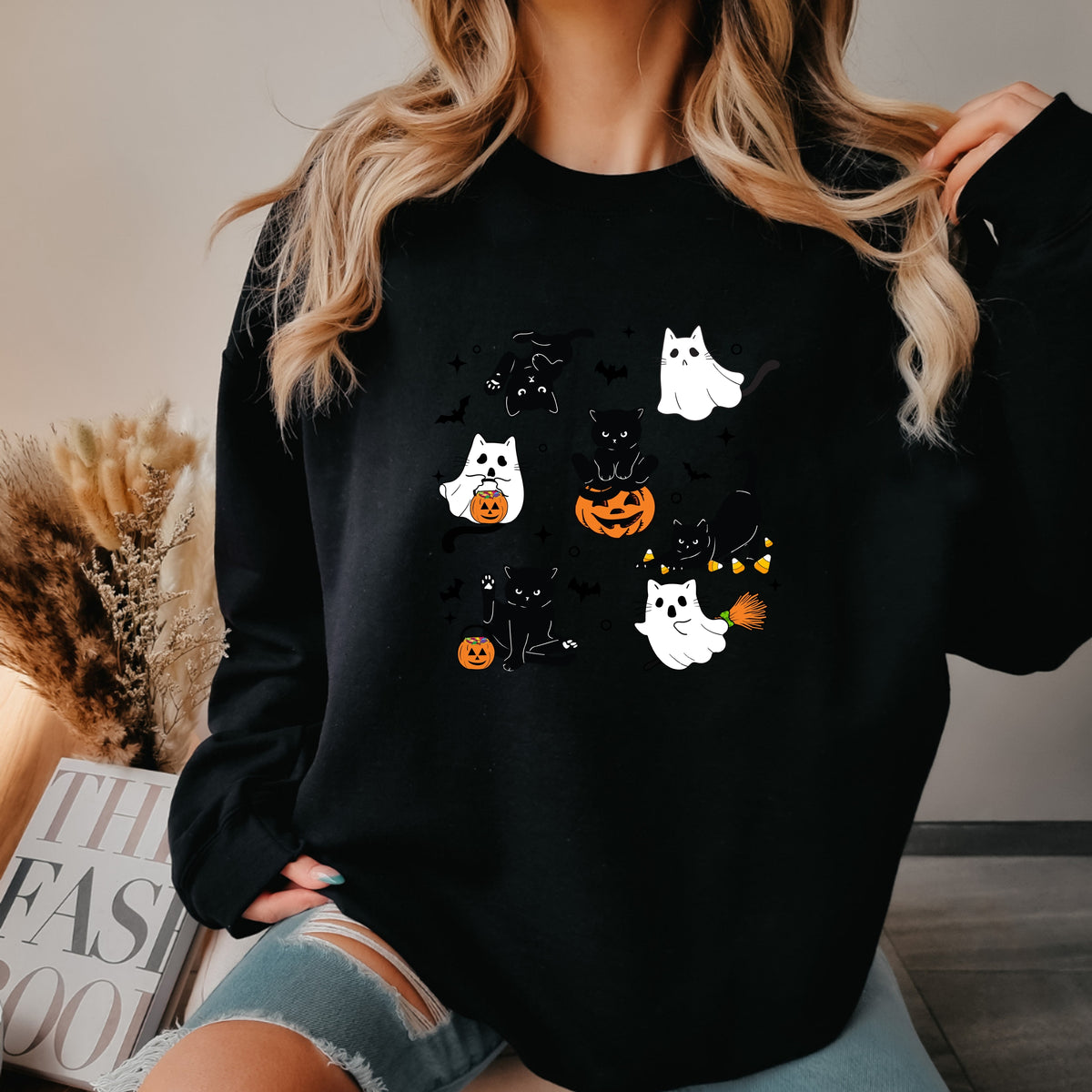 Cute Halloween Ghost Cat  - Adult Crewneck Sweatshirt