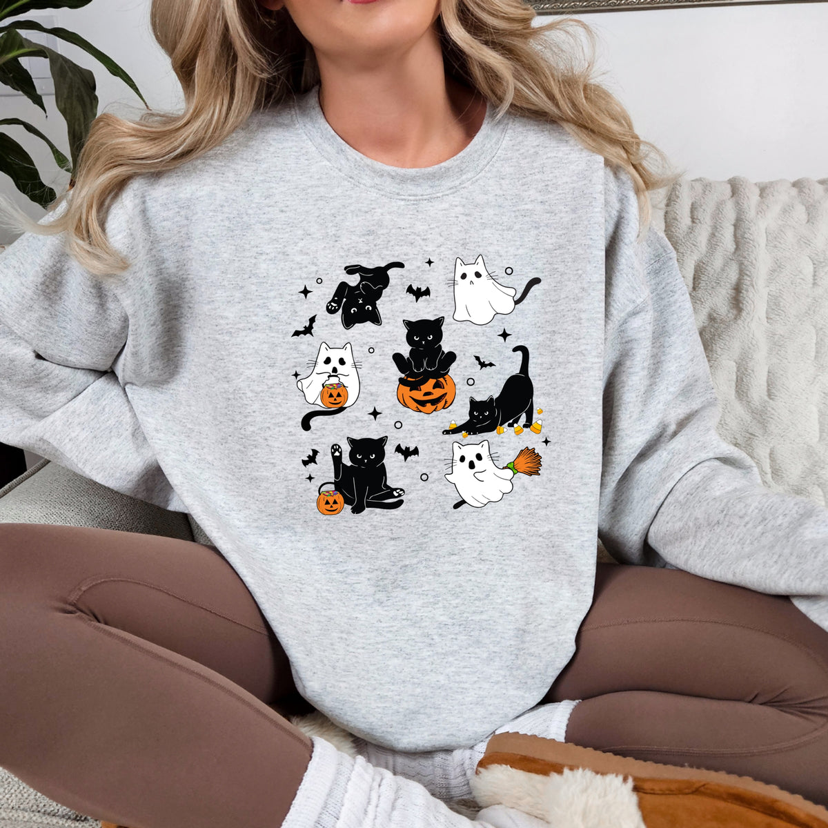 Cute Halloween Ghost Cat  - Adult Crewneck Sweatshirt