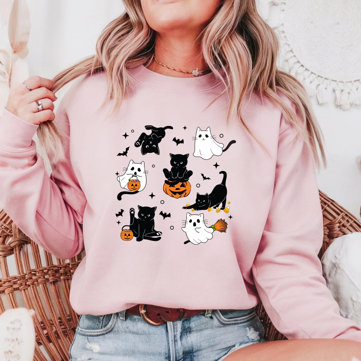 Cute Halloween Ghost Cat  - Adult Crewneck Sweatshirt