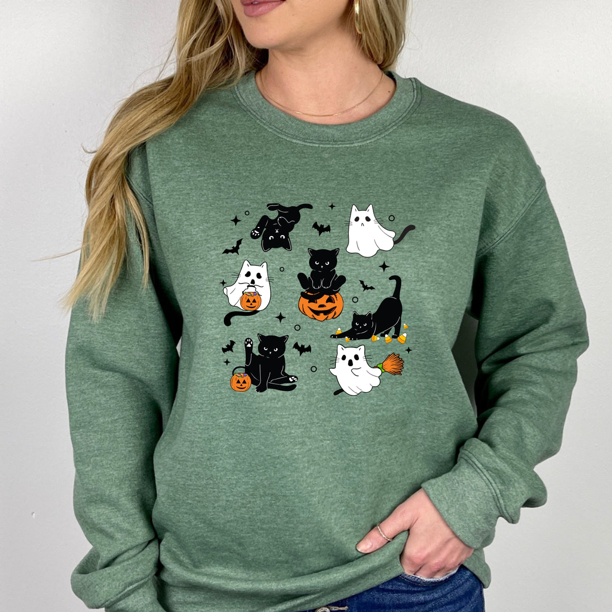 Cute Halloween Ghost Cat  - Adult Crewneck Sweatshirt