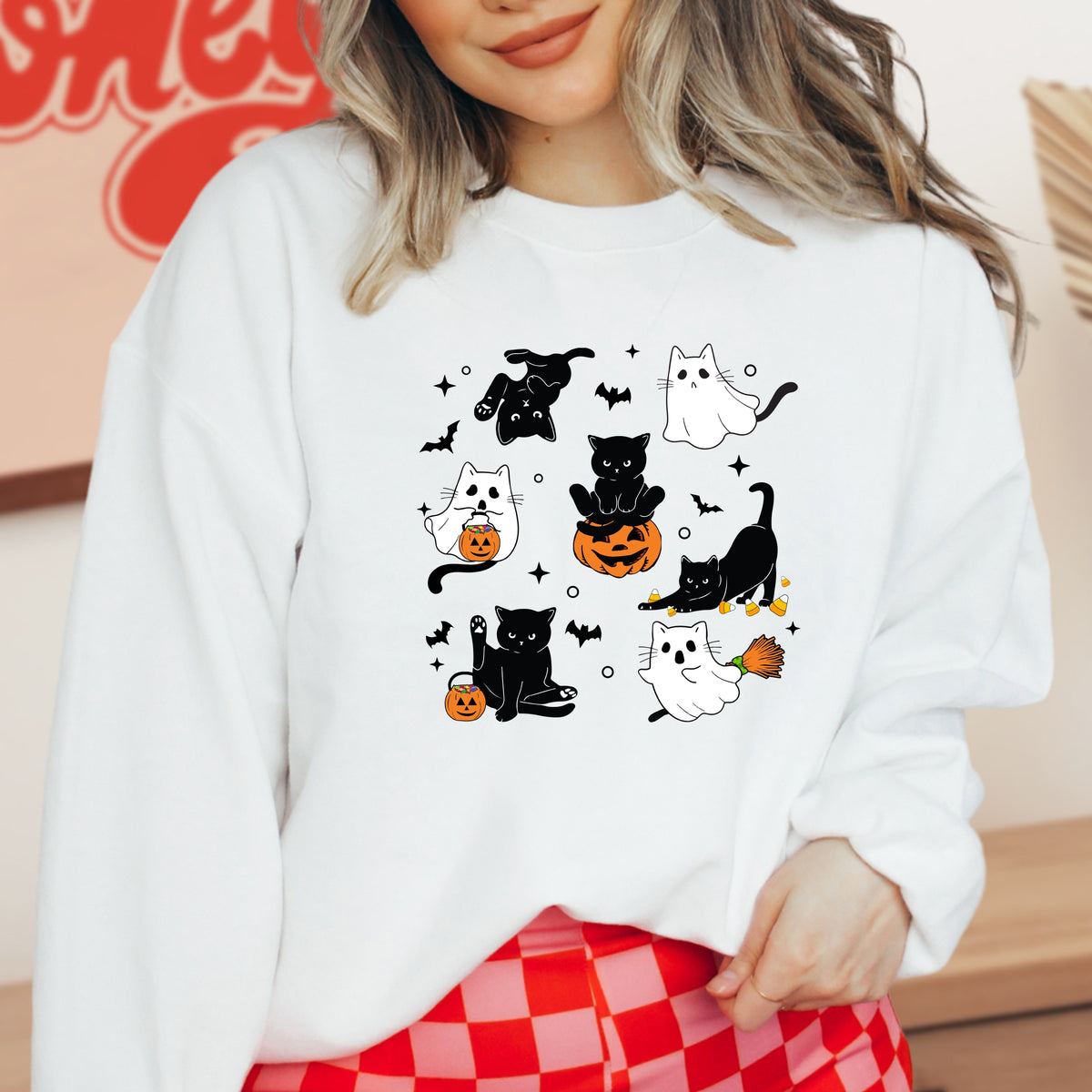 Cute Halloween Ghost Cat  - Adult Crewneck Sweatshirt