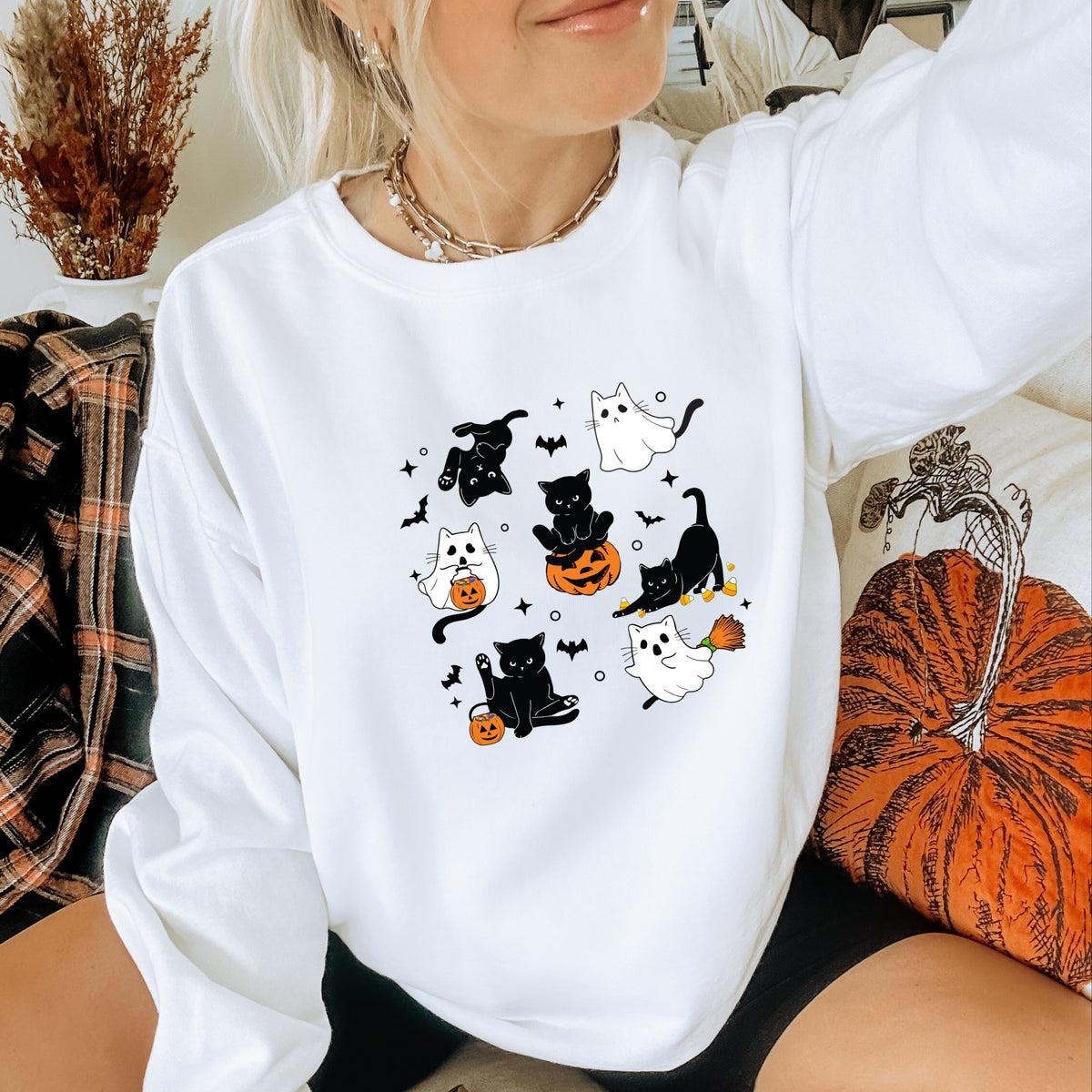 Cute Halloween Ghost Cat  - Adult Crewneck Sweatshirt