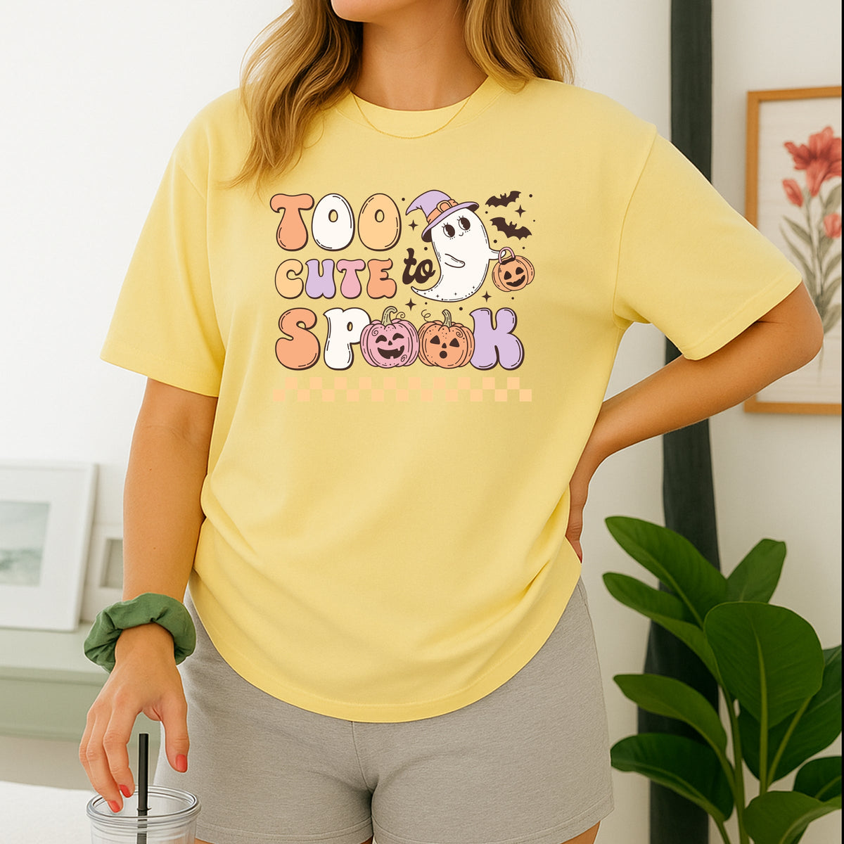 Too Cute To Spook Halloween ghost with pumpkin and bats Printed Comfort Colors T-Shirt 