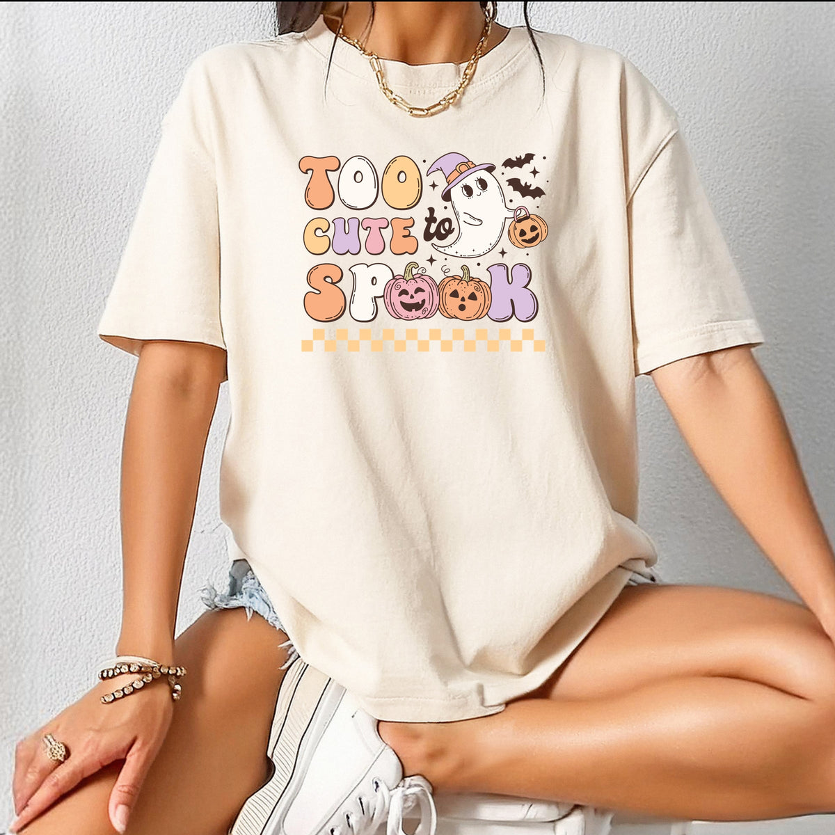 Too Cute To Spook Halloween ghost with pumpkin and bats Printed Comfort Colors T-Shirt 
