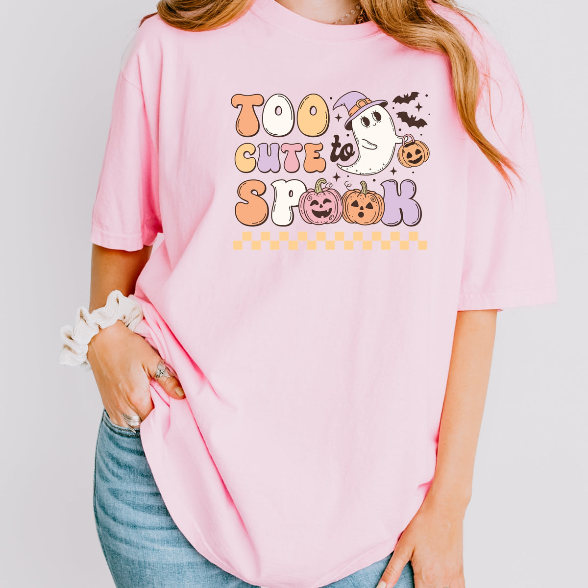 Too Cute To Spook Halloween ghost with pumpkin and bats Printed Comfort Colors T-Shirt 