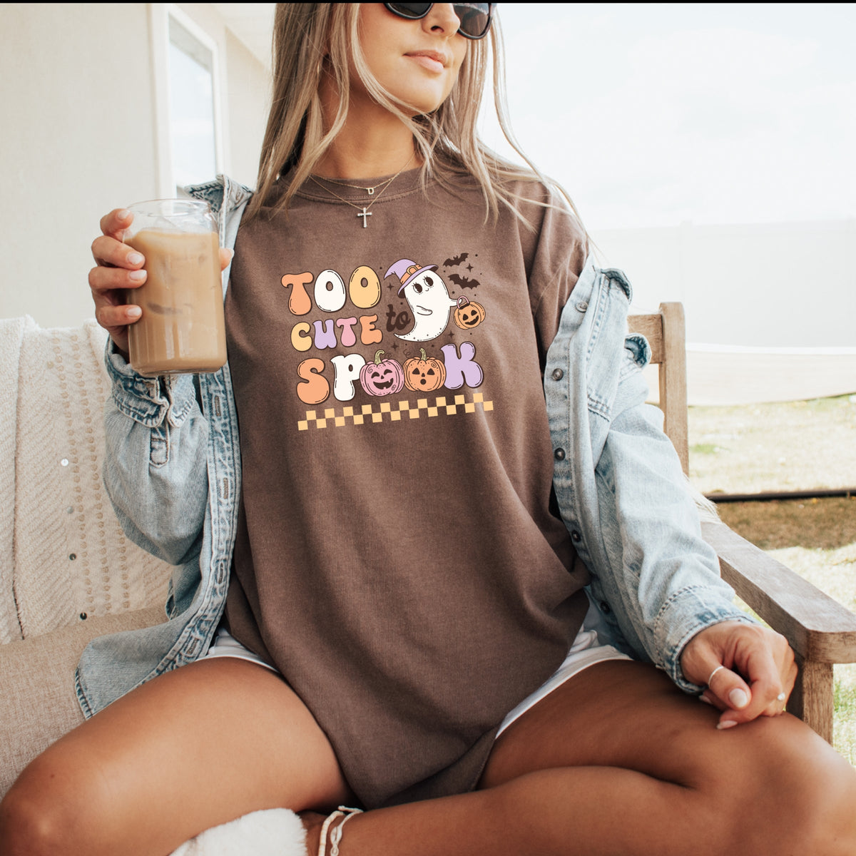 Too Cute To Spook Halloween ghost with pumpkin and bats Printed Comfort Colors T-Shirt 