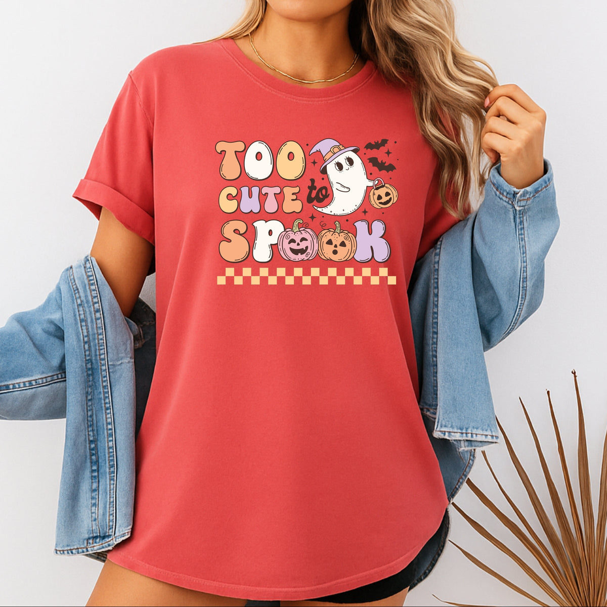 Too Cute To Spook Halloween ghost with pumpkin and bats Printed Comfort Colors T-Shirt 