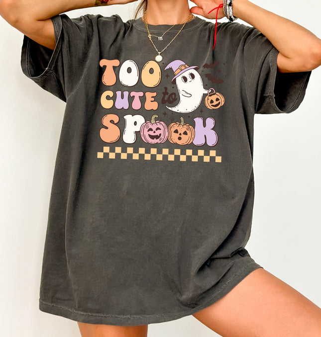 Too Cute To Spook Halloween ghost with pumpkin and bats Printed Comfort Colors T-Shirt 