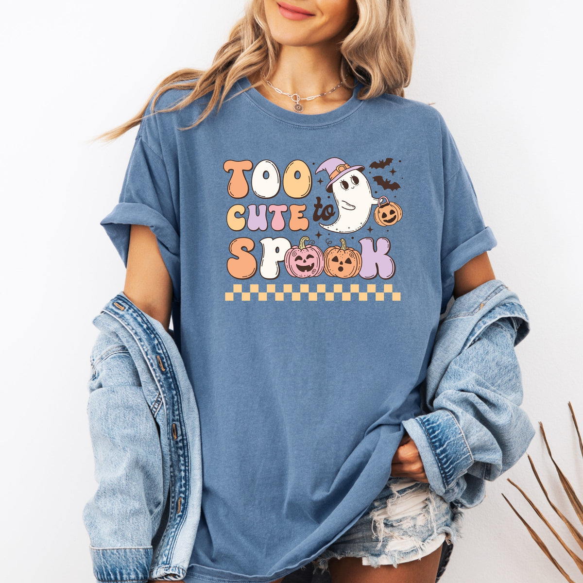 Too Cute To Spook Halloween ghost with pumpkin and bats Printed Comfort Colors T-Shirt 