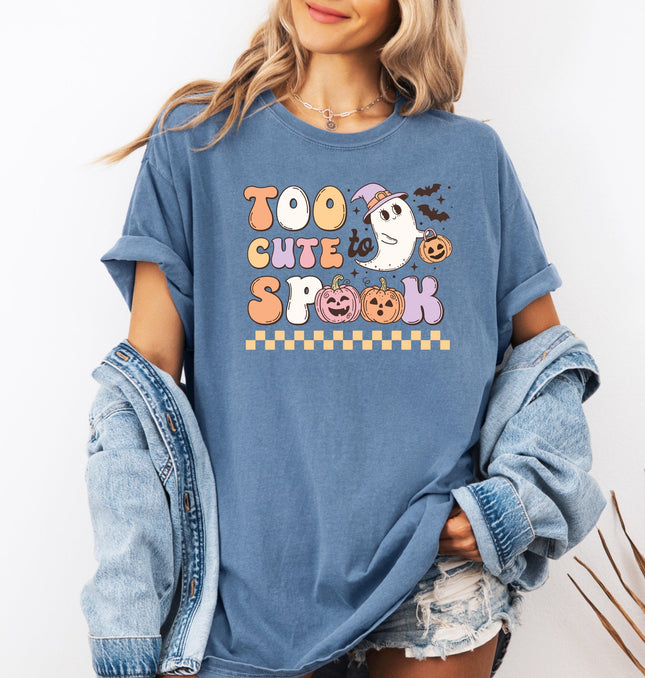 Too Cute To Spook Halloween ghost with pumpkin and bats Printed Comfort Colors T-Shirt 