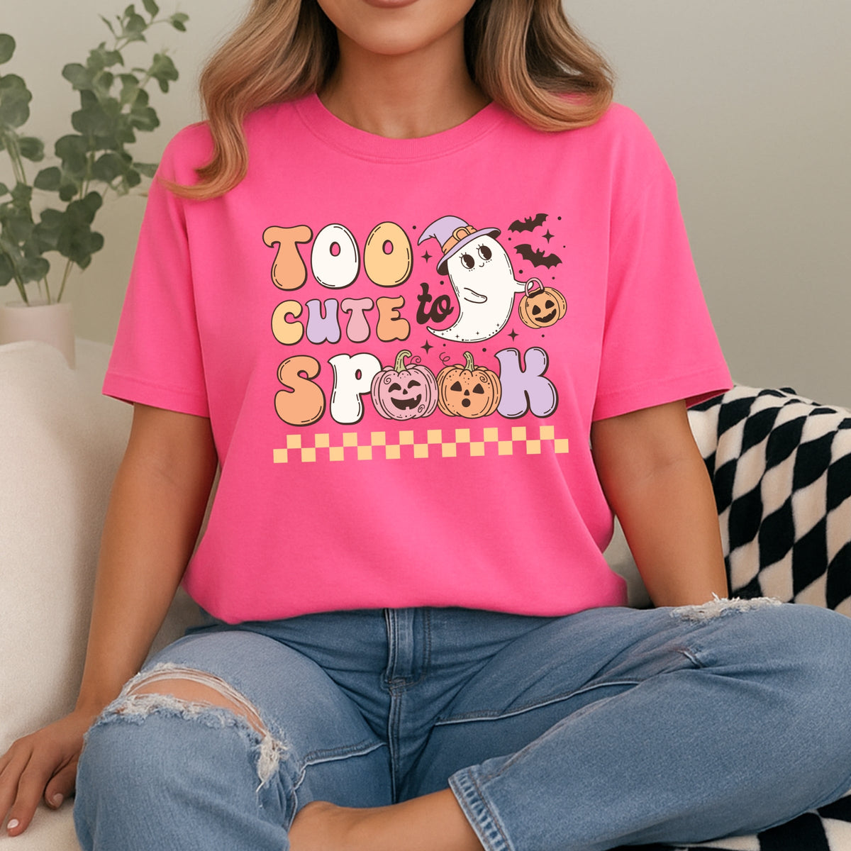 Too Cute To Spook Halloween ghost with pumpkin and bats Printed Comfort Colors T-Shirt 