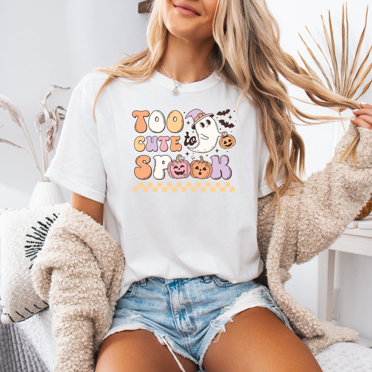 Too Cute To Spook Halloween ghost with pumpkin and bats Printed Comfort Colors T-Shirt 