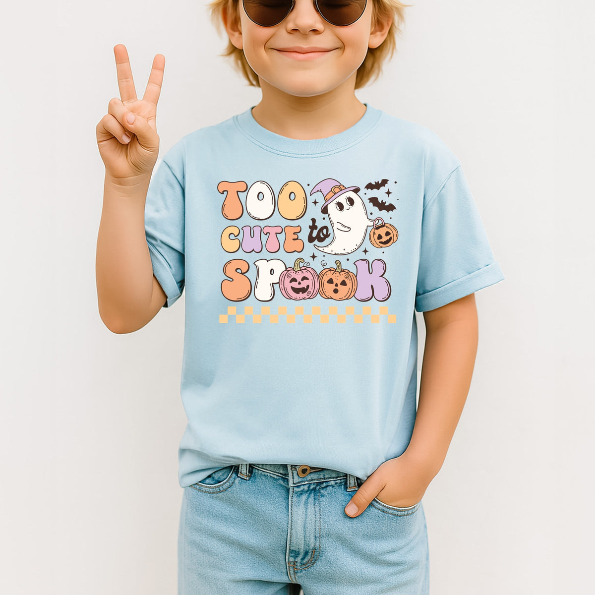 Too Cute To Spook Halloween ghost with pumpkin and bats Printed Comfort Colors T-Shirt 