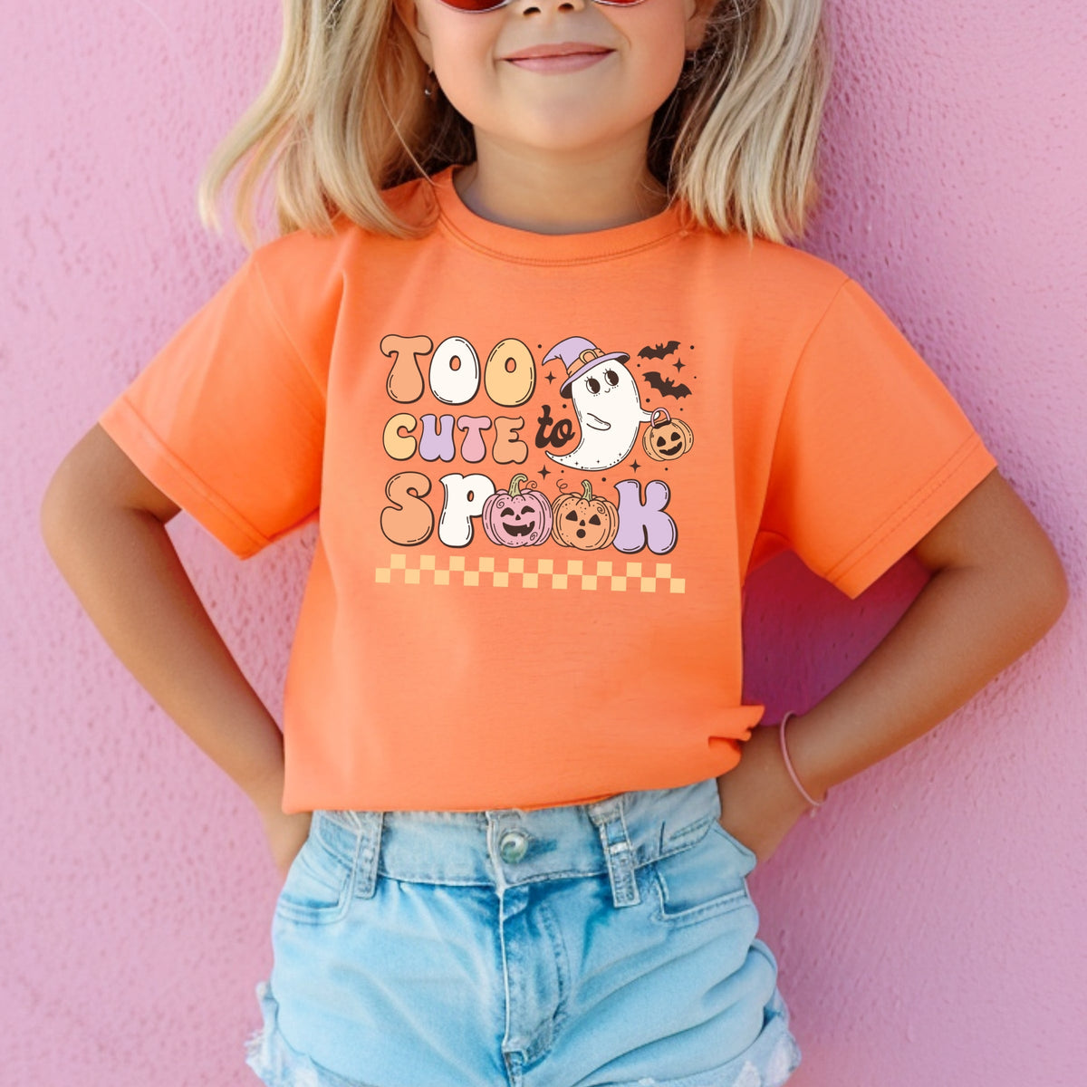 Too Cute To Spook Halloween ghost with pumpkin and bats Printed Comfort Colors T-Shirt 
