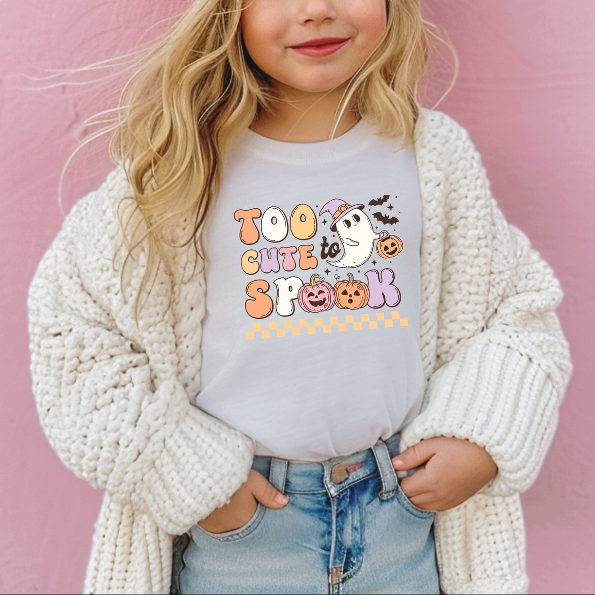 Too Cute To Spook Halloween ghost with pumpkin and bats Printed Comfort Colors T-Shirt 