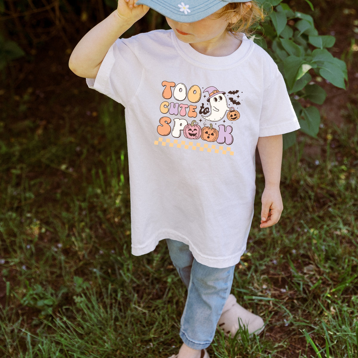 Too Cute To Spook Halloween ghost with pumpkin and bats Printed Comfort Colors T-Shirt 