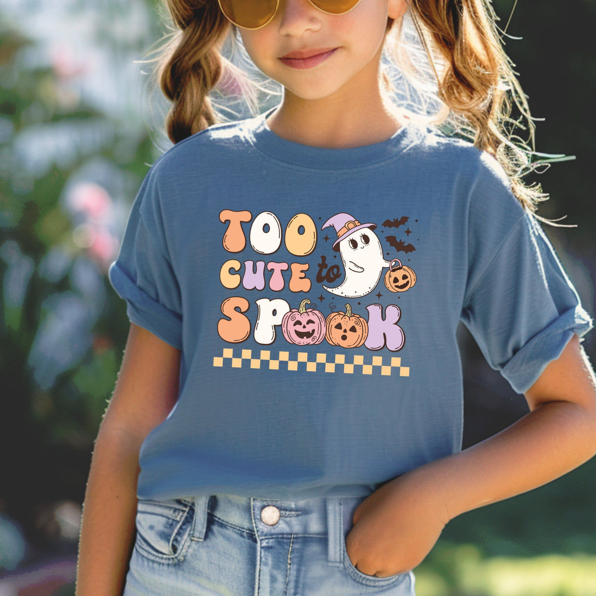 Too Cute To Spook Halloween ghost with pumpkin and bats Printed Comfort Colors T-Shirt 