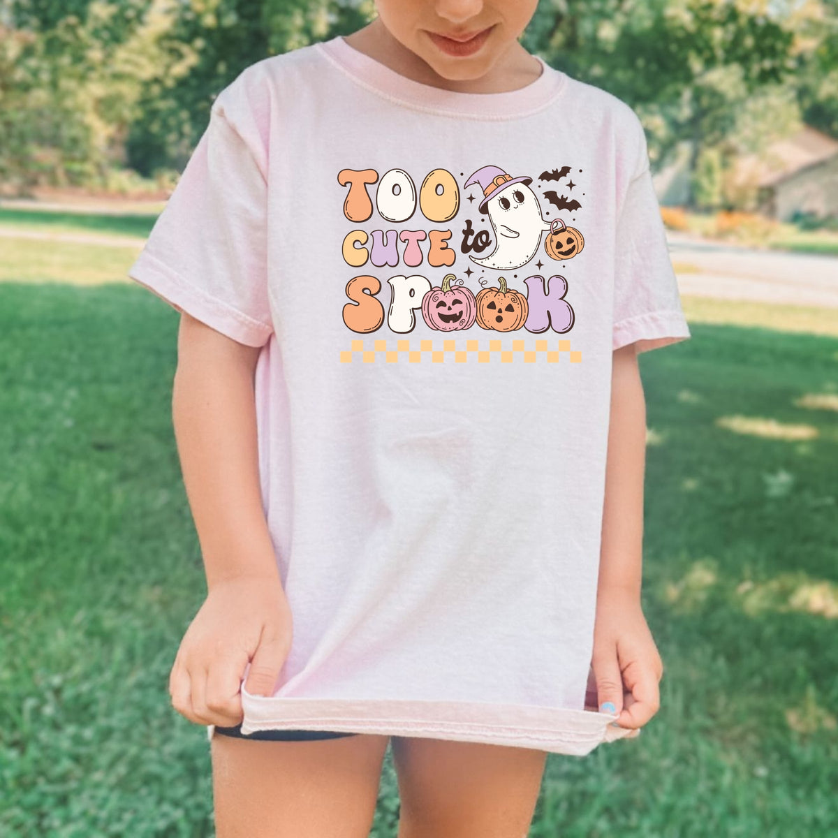 Too Cute To Spook Halloween ghost with pumpkin and bats Printed Comfort Colors T-Shirt 