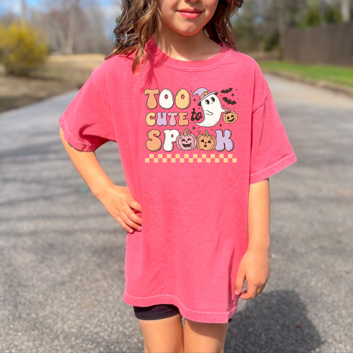Too Cute To Spook Halloween ghost with pumpkin and bats Printed Comfort Colors T-Shirt 