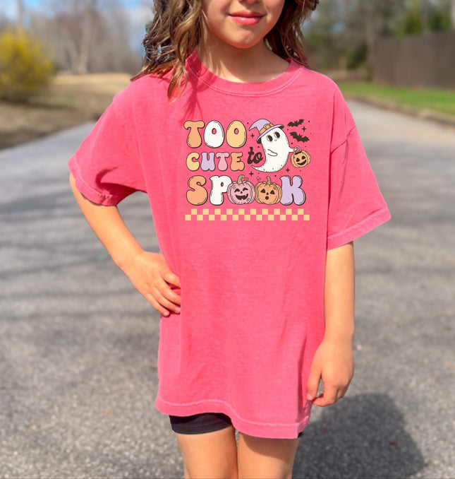 Too Cute To Spook Halloween ghost with pumpkin and bats Printed Comfort Colors T-Shirt 