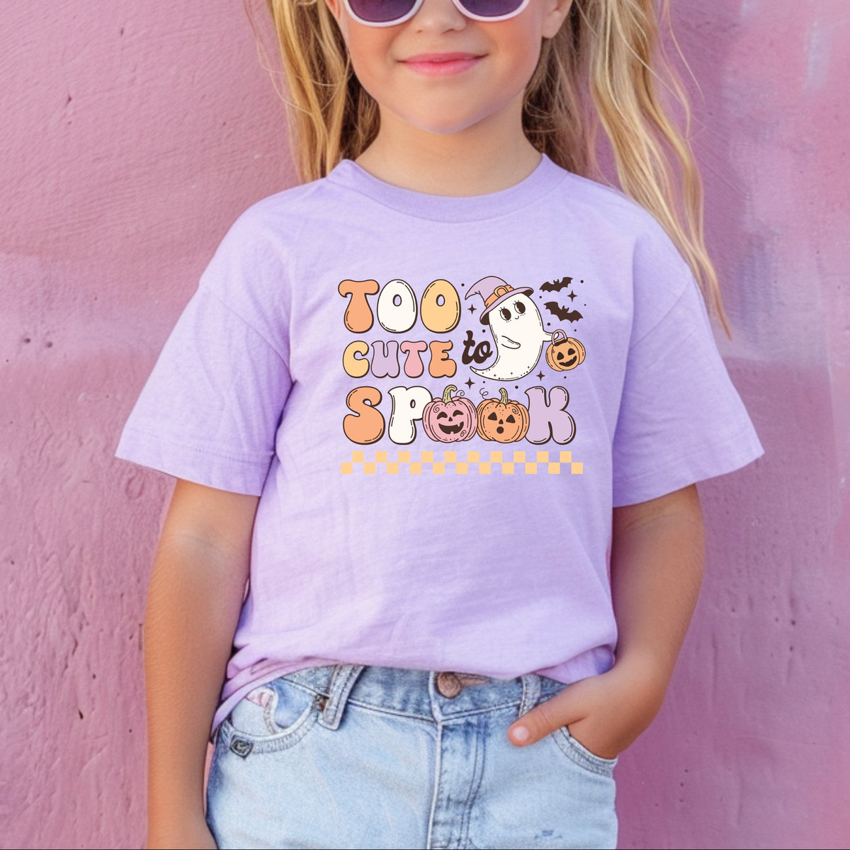 Too Cute To Spook Halloween ghost with pumpkin and bats Printed Comfort Colors T-Shirt 