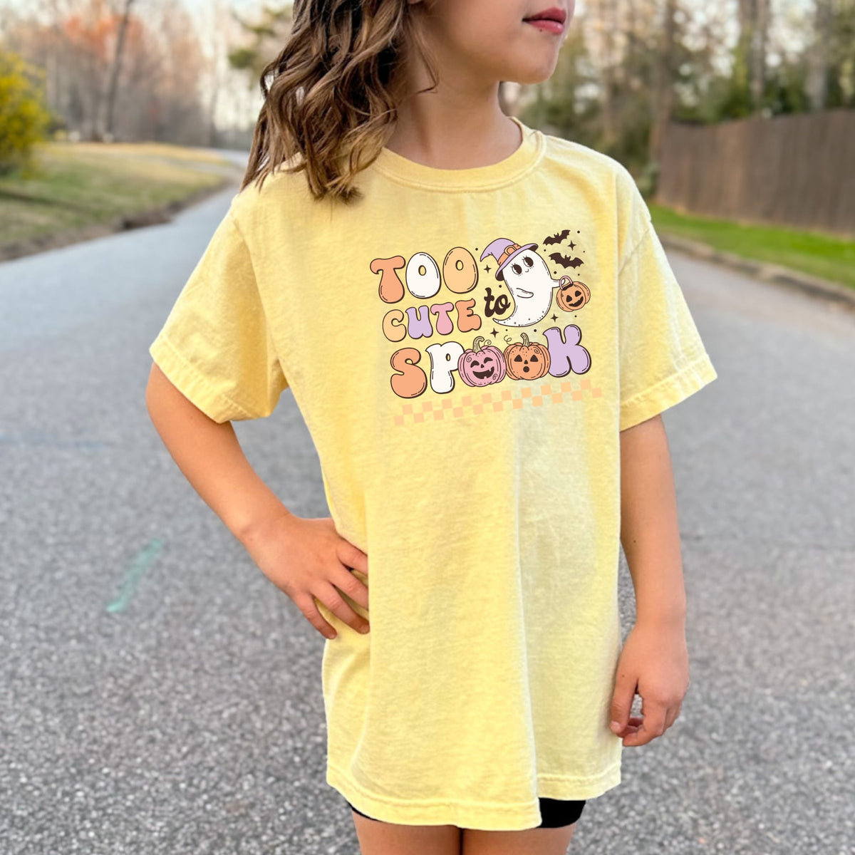 Too Cute To Spook Halloween ghost with pumpkin and bats Printed Comfort Colors T-Shirt 