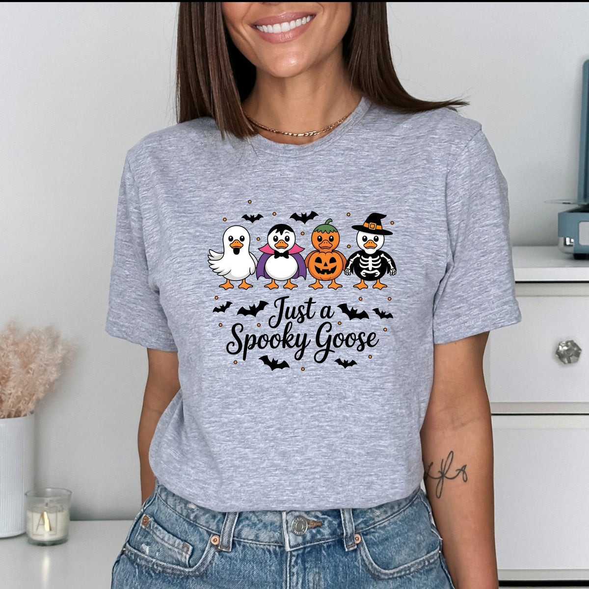 Just a Spooky Goose Funny Halloween  Printed Softstyle T-Shirt