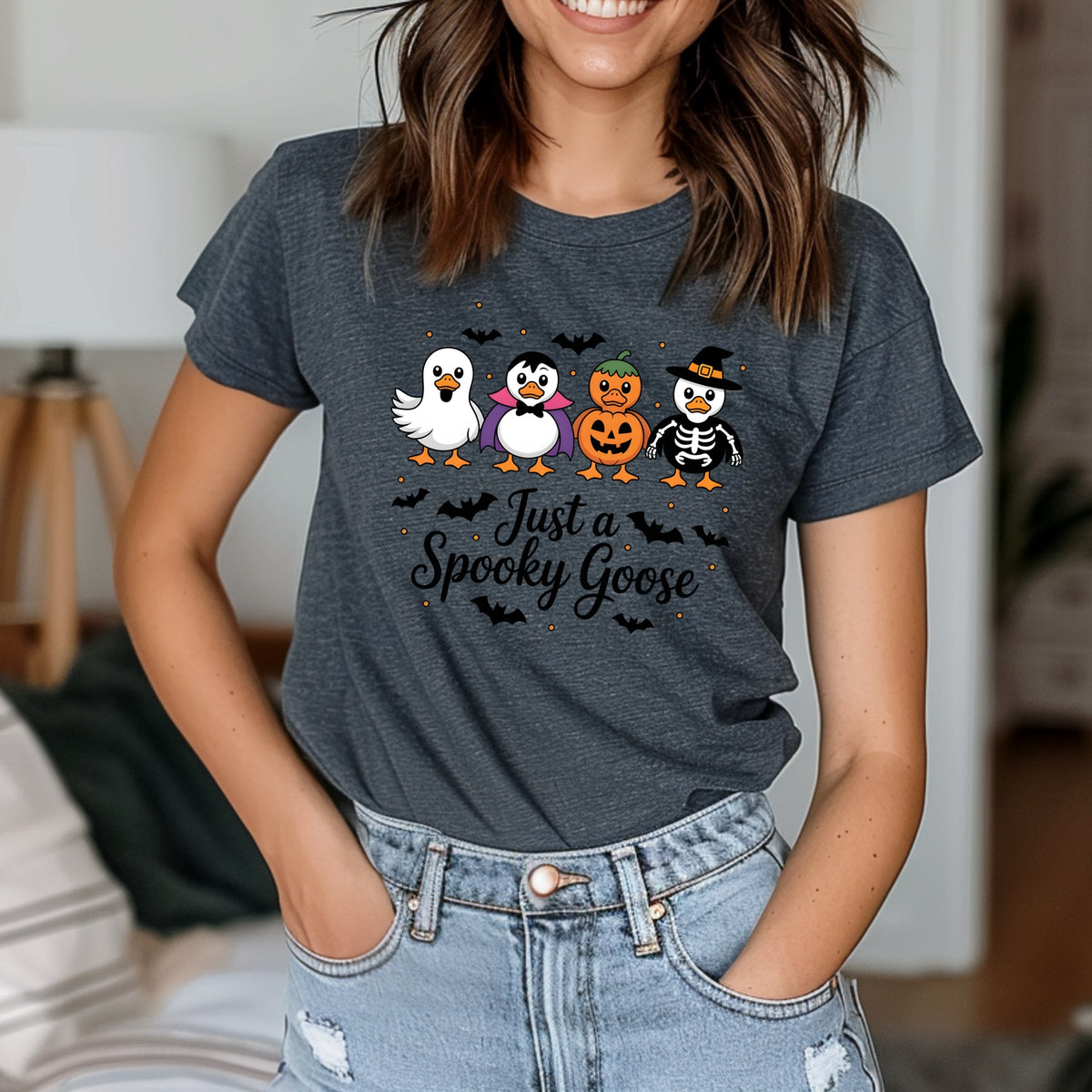 Just a Spooky Goose Funny Halloween  Printed Softstyle T-Shirt