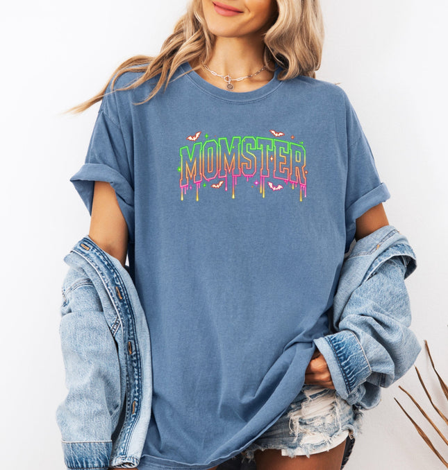 Imperial The Label Comfort Colors Momster Tee Printed Halloween Shirt for Moms Spooky Cute Mom Life Top Printed Comfort Colors T-Shirt 