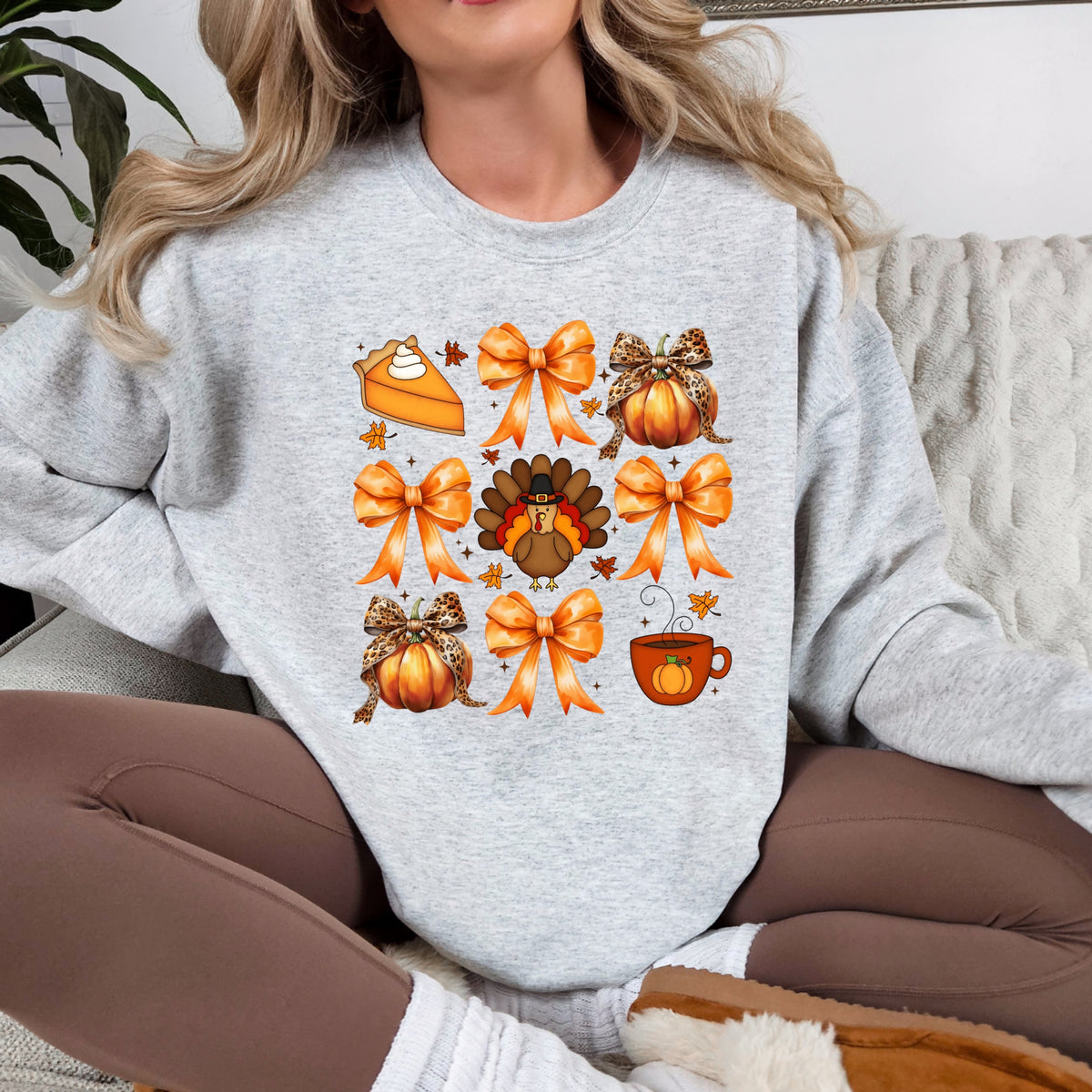 Turkey Pumpkins and Bows - Adult Crewneck Sweatshirt
