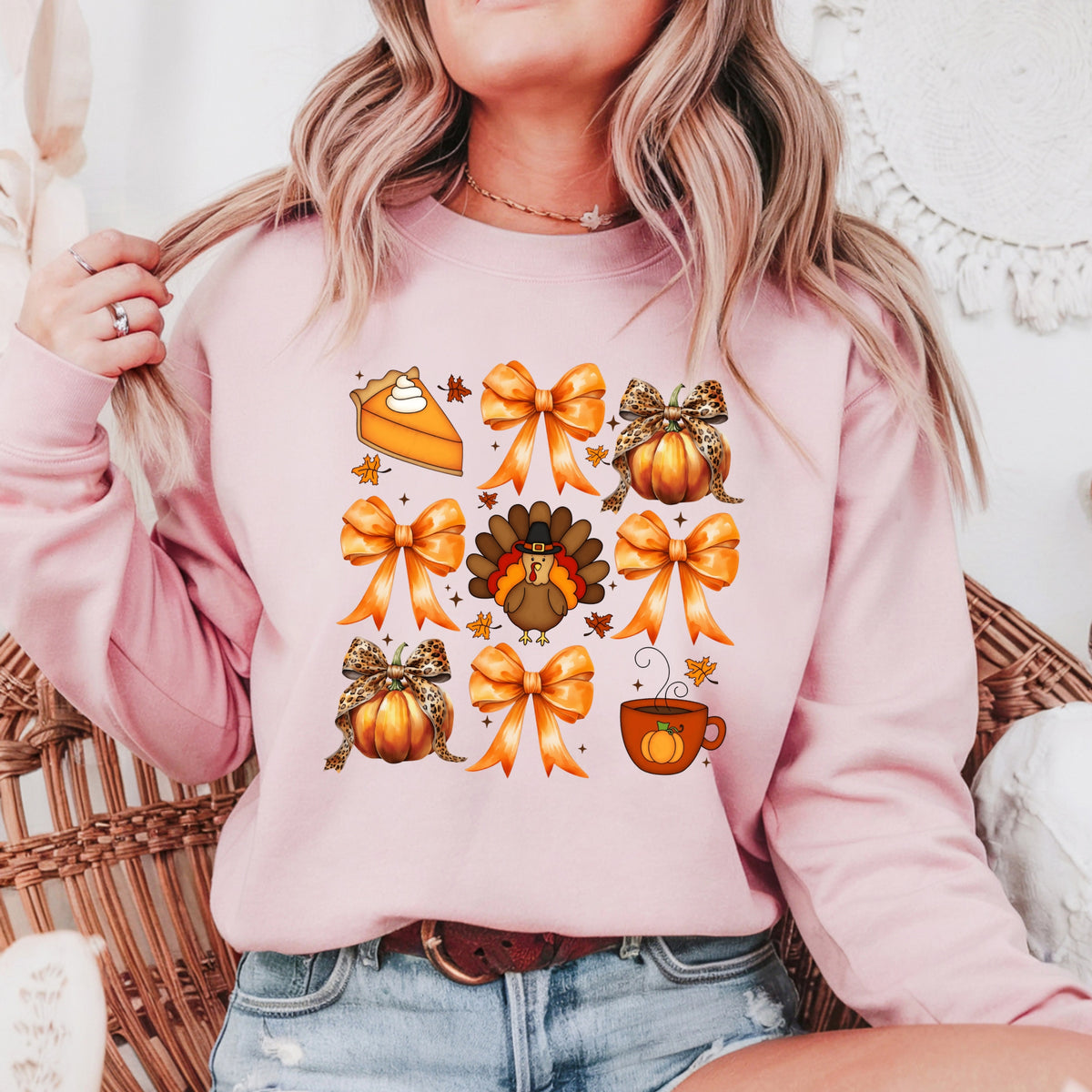 Turkey Pumpkins and Bows - Adult Crewneck Sweatshirt
