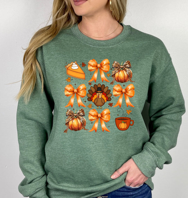 Turkey Pumpkins and Bows - Adult Crewneck Sweatshirt
