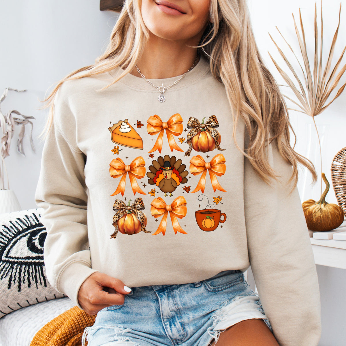 Turkey Pumpkins and Bows - Adult Crewneck Sweatshirt