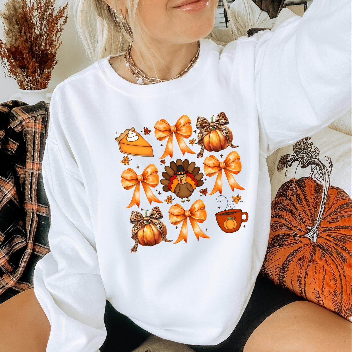 Turkey Pumpkins and Bows - Adult Crewneck Sweatshirt
