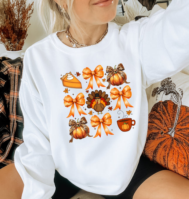 Turkey Pumpkins and Bows - Adult Crewneck Sweatshirt