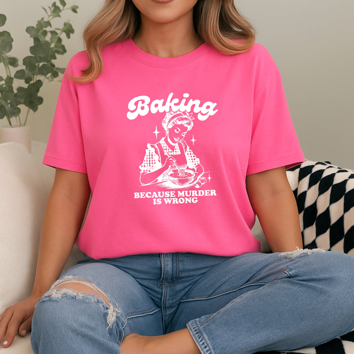 Funny Baking – Baking Because Murder Is Wrong Graphic Tee, Funny Graphic Tee, Funny Quote Design for Home Bakers - Unisex Comfort Colors Garment-Dyed Heavyweight T-Shirt