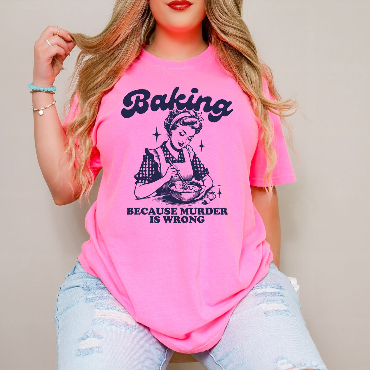 Funny Baking – Baking Because Murder Is Wrong Graphic Tee, Funny Graphic Tee, Funny Quote Design for Home Bakers - Unisex Comfort Colors Garment-Dyed Heavyweight T-Shirt