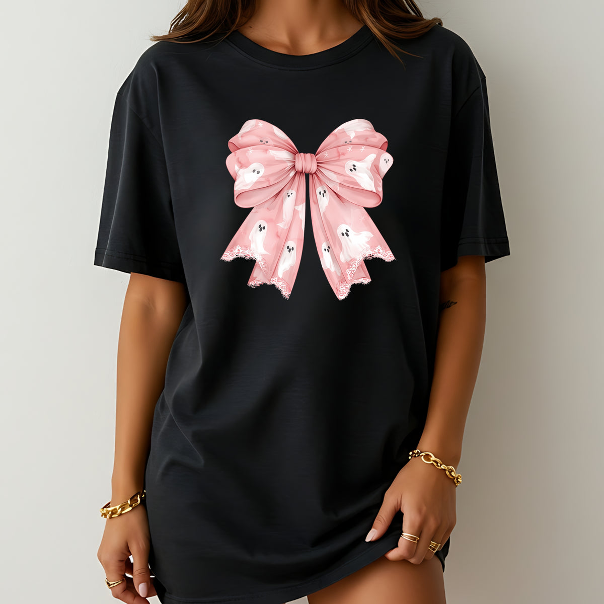 Ghosts Bow Halloween Printed Tee – Aesthetic Halloween Gift, Pink Bow Halloween Shirt, Cute Halloween Tee - Softstyle 100% Cotton T-Shirt – Comfy Unisex Fit, Premium Quality Tee
