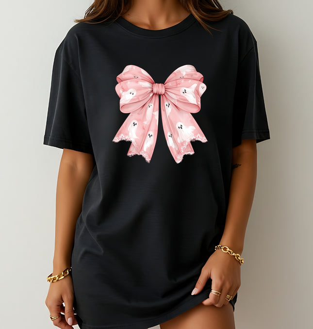 Ghosts Bow Halloween Printed Tee – Aesthetic Halloween Gift, Pink Bow Halloween Shirt, Cute Halloween Tee - Softstyle 100% Cotton T-Shirt – Comfy Unisex Fit, Premium Quality Tee