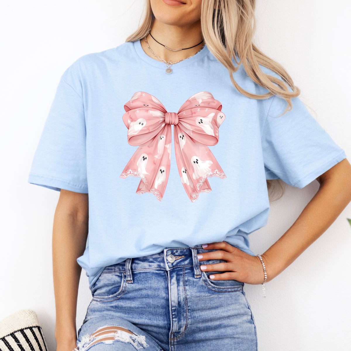 Ghosts Bow Halloween Printed Tee – Aesthetic Halloween Gift, Pink Bow Halloween Shirt, Cute Halloween Tee - Softstyle 100% Cotton T-Shirt – Comfy Unisex Fit, Premium Quality Tee