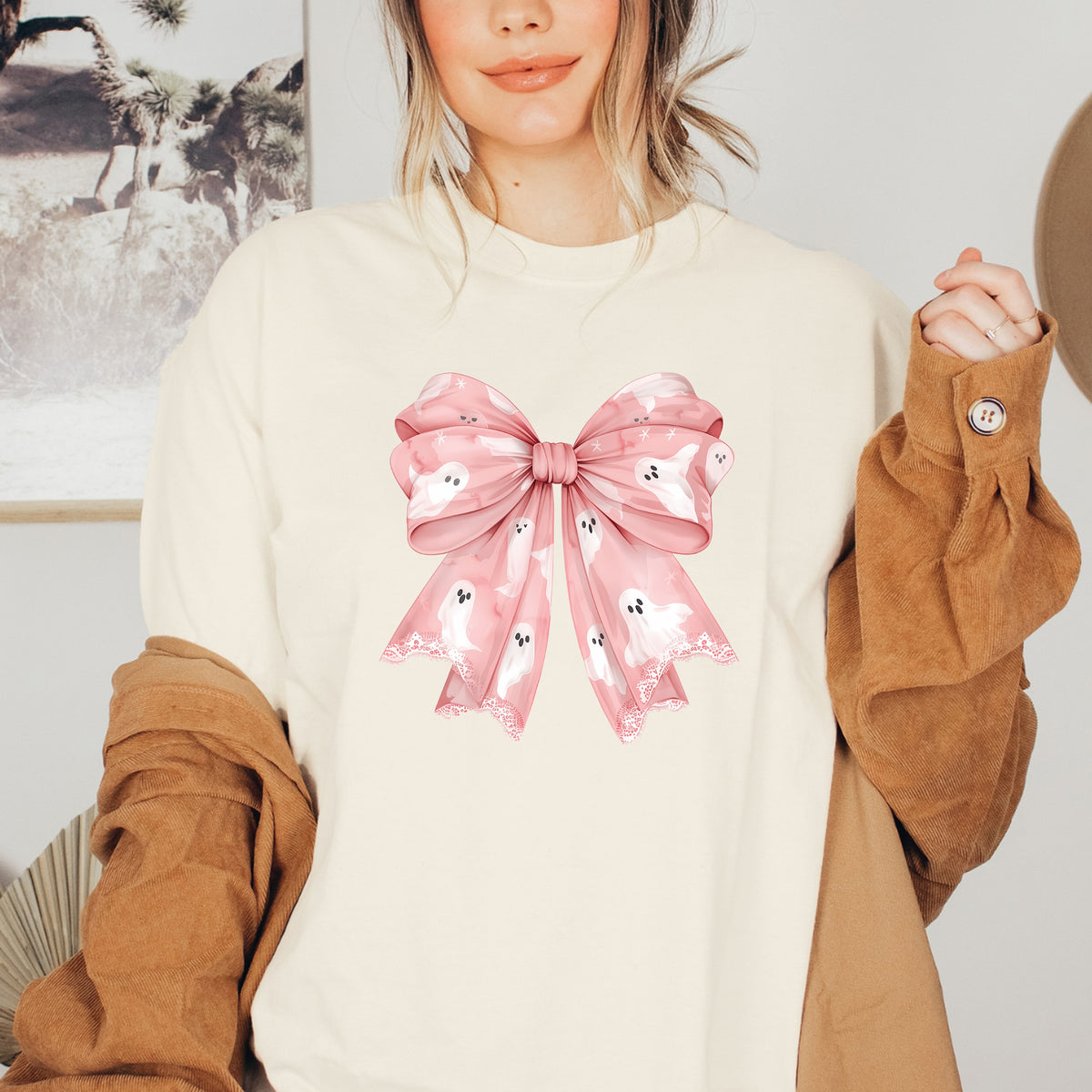 Ghosts Bow Halloween Printed Tee – Aesthetic Halloween Gift, Pink Bow Halloween Shirt, Cute Halloween Tee - Softstyle 100% Cotton T-Shirt – Comfy Unisex Fit, Premium Quality Tee