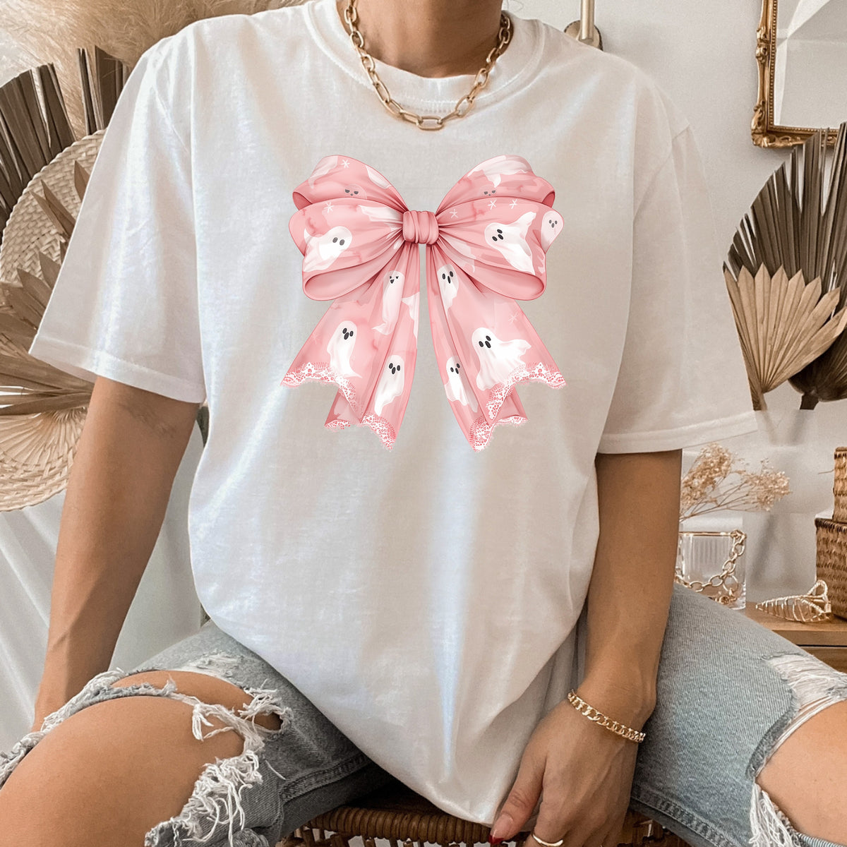 Ghosts Bow Halloween Printed Tee – Aesthetic Halloween Gift, Pink Bow Halloween Shirt, Cute Halloween Tee - Softstyle 100% Cotton T-Shirt – Comfy Unisex Fit, Premium Quality Tee