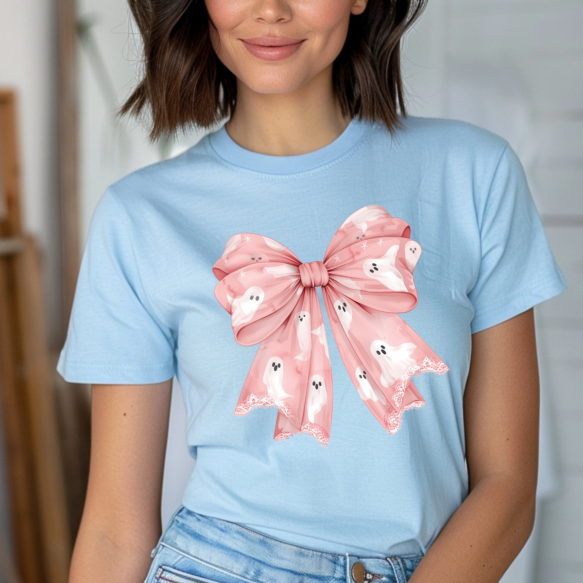 Ghosts Bow Halloween Printed Tee – Aesthetic Halloween Gift, Pink Bow Halloween Shirt, Cute Halloween Tee - Softstyle 100% Cotton T-Shirt – Comfy Unisex Fit, Premium Quality Tee