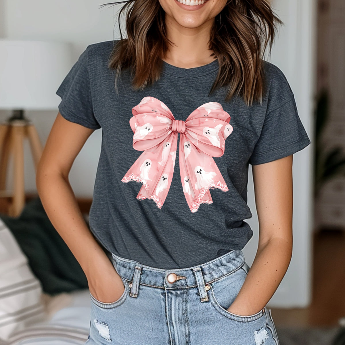 Ghosts Bow Halloween Printed Tee – Aesthetic Halloween Gift, Pink Bow Halloween Shirt, Cute Halloween Tee - Softstyle 100% Cotton T-Shirt – Comfy Unisex Fit, Premium Quality Tee