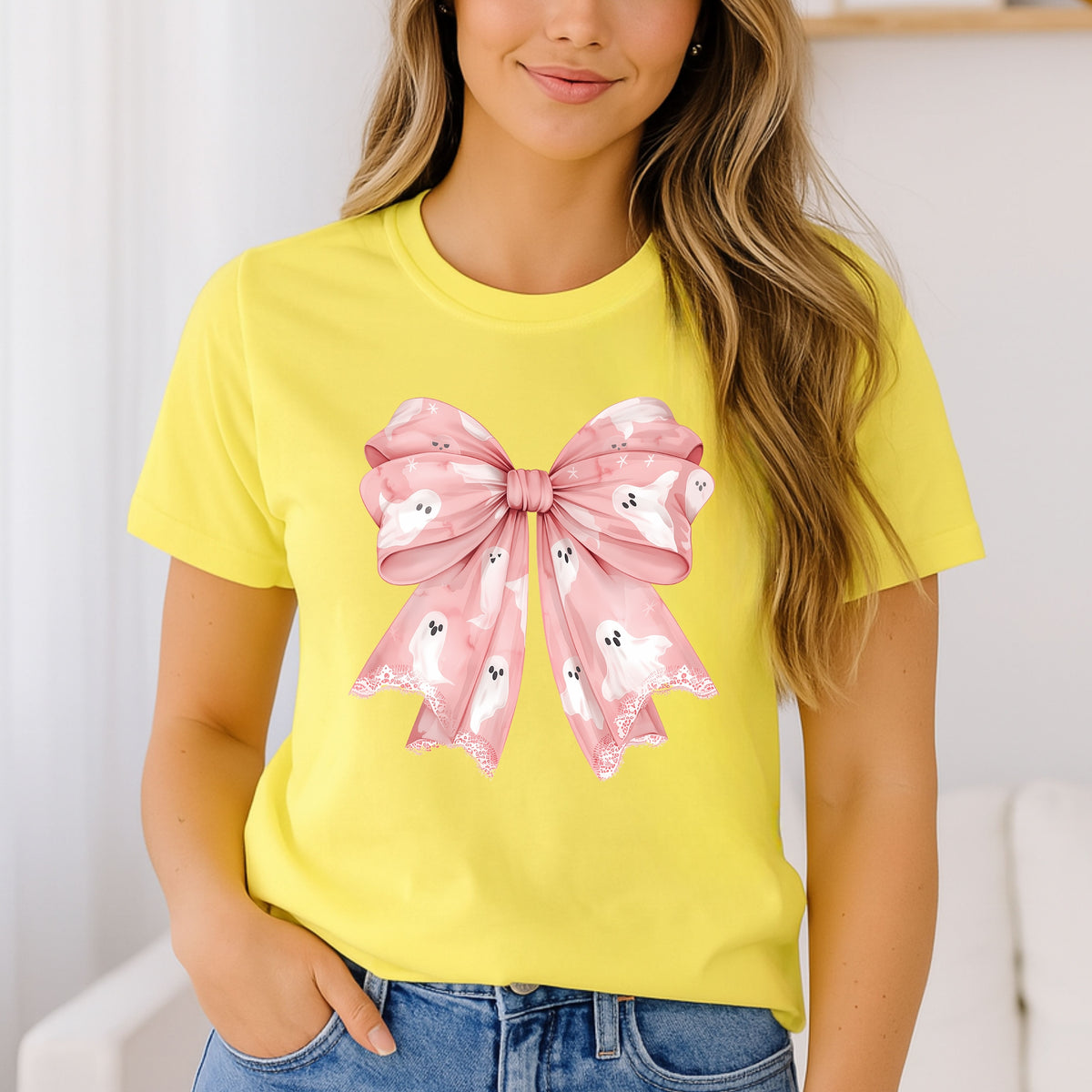 Ghosts Bow Halloween Printed Tee – Aesthetic Halloween Gift, Pink Bow Halloween Shirt, Cute Halloween Tee - Softstyle 100% Cotton T-Shirt – Comfy Unisex Fit, Premium Quality Tee