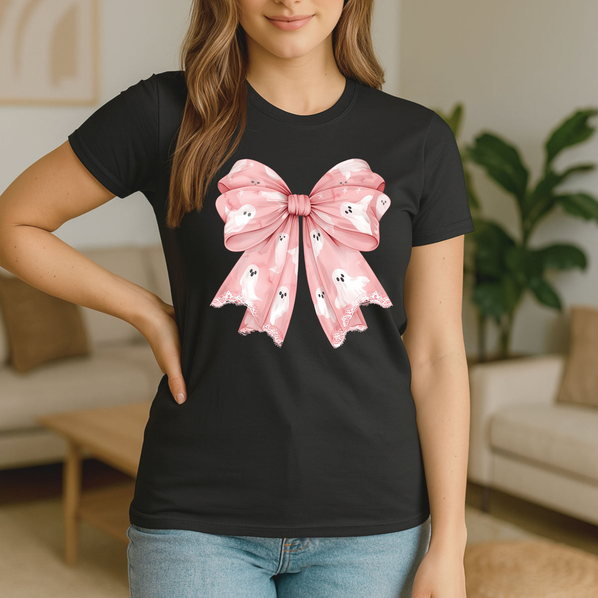 Ghosts Bow Halloween Printed Tee – Aesthetic Halloween Gift, Pink Bow Halloween Shirt, Cute Halloween Tee - Softstyle 100% Cotton T-Shirt – Comfy Unisex Fit, Premium Quality Tee