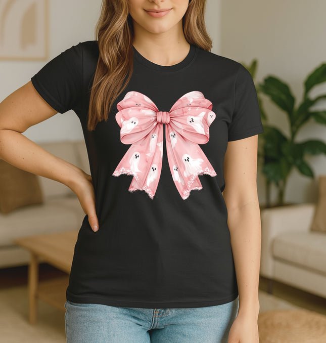 Ghosts Bow Halloween Printed Tee – Aesthetic Halloween Gift, Pink Bow Halloween Shirt, Cute Halloween Tee - Softstyle 100% Cotton T-Shirt – Comfy Unisex Fit, Premium Quality Tee