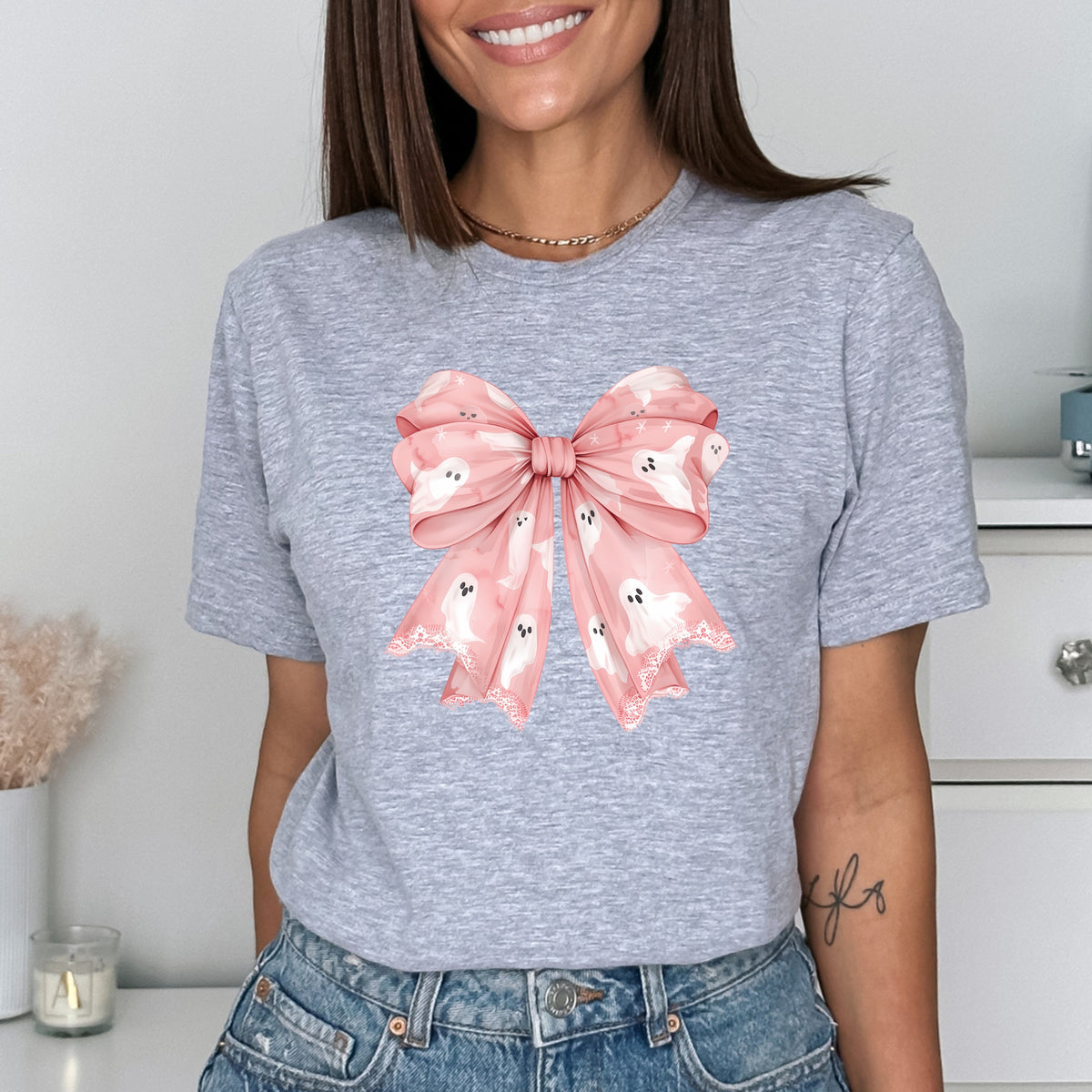 Ghosts Bow Halloween Printed Tee – Aesthetic Halloween Gift, Pink Bow Halloween Shirt, Cute Halloween Tee - Softstyle 100% Cotton T-Shirt – Comfy Unisex Fit, Premium Quality Tee