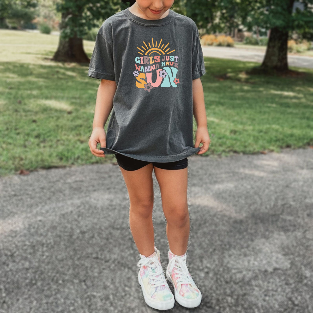 Girls Just Wanna Have Sun Youth Printed Tee – Kids Summer Beach Vibes, Vacation Themed Shirts, Beachwear Top - Youth Comfort Colors Garment-Dyed Heavyweight T-Shirt