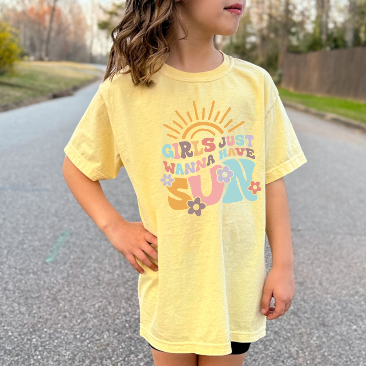 Girls Just Wanna Have Sun Youth Printed Tee – Kids Summer Beach Vibes, Vacation Themed Shirts, Beachwear Top - Youth Comfort Colors Garment-Dyed Heavyweight T-Shirt
